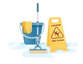 Group of cleaning tools wet floor sign mop bucket cleaning supplies flat vector illustration on white background Royalty Free Stock Photo