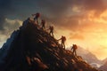 Group of climbers climbing a mountain. 3D Rendering illustration, A team of climbers at the top of a high mountain in the light of Royalty Free Stock Photo