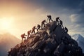 Group of climbers climbing on mountain peak. Teamwork and leadership concept, Group of people on peak mountain climbing helping