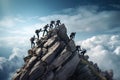 Group of climbers climbing the top of the mountain. 3D Rendering, Group of people on peak mountain climbing helping team work, AI