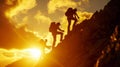 In silhouette, a team of climbers joins forces to ascend a rugged mountain wall, with the vibrant hues of the setting sun in the Royalty Free Stock Photo