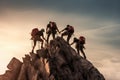 group of climbers on the top of a mountain at sunset in Italy, Climbers helping another climber to climb up, Rear View, No visible