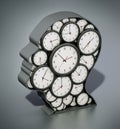 Group of clocks forming a head shape. 3D illustration