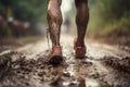 Group of close legged runners running on land . Athletics in the mud. Image generated by AI.