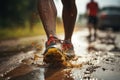 Group of close legged runners running on land . Athletics in the mud. Image generated by AI.