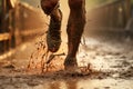 Group of close legged runners running on land . Athletics in the mud. Image generated by AI.