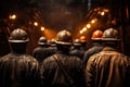 Group of coal miner at work in coal mine. Selective focus, rear view of a Group of mine workers wearing helmets, AI Generated