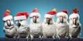 Group of cockatoos are wearing a Christmas hat, posing on blue background, funny looking Royalty Free Stock Photo