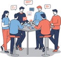 Group of colleagues collaborating around a table using tablets and laptops while exchanging ideas through speech bubbles and data Royalty Free Stock Photo