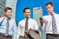 Group of colleagues walking while talking after work