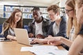 Group Of College Students Collaborating On Project In Library