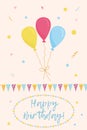 Group of color balloons with party flags and confetti on pastel background. Birthday celebration card template Royalty Free Stock Photo