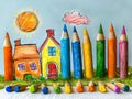 A group of colored pencils with a drawing of a house in the background Royalty Free Stock Photo