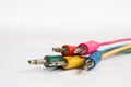 Group of colorful audio cables / plugs macro Royalty Free Stock Photo