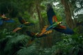 a group of colorful birds flying through a forest filled with trees and plants and trees with lots of leaves on the ground and a