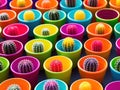 a group of colorful cactus in small pots