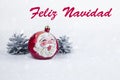 Group of colorful Christmas ball with drawing of Santa Claus and pines with text in Spanish `Feliz Navidad`