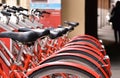 Group of colorful classic red bicycles for rent on the street of city Padua, Italy Royalty Free Stock Photo