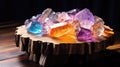 a group of colorful crystals on a tree stump