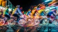 Group colorful cyclists on city road, night, illumination. Concept of sport. Abstract blurred background Generative AI Royalty Free Stock Photo