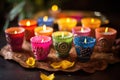 group of colorful diwali drinks in handmade clay cups