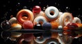 A group of colorful donuts are on a black surface, AI