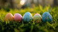 A group of colorful easter eggs are lined up in the grass, AI Royalty Free Stock Photo