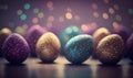 a group of colorful eggs sitting on top of a table next to a purple and blue one with gold speckles on it\'s surface Royalty Free Stock Photo