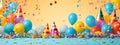 Group of colorful festive glossy balloons, confetti, and party hats on blue floor on yellow background. Decor for birthday,