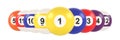 A group of colorful glossy billiard balls with numbers isolated on a white background