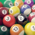 Group colorful glossy billiard pool game balls with depth of field effect. 3d illustration Royalty Free Stock Photo