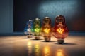 Group of colorful glowing light bulbs arranged in line