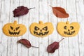 Group of colorful homemade Halloween pumpkin cookies and biscuits Royalty Free Stock Photo