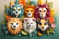 a group of colorful lions heads on a green background