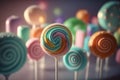 A group of colorful lollipops in a glass. Colorful swirl lollipop.