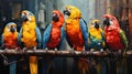 A group of colorful parrots sitting on a branch