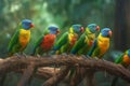 A group of colorful parrots sitting on a branch in the rain ai Royalty Free Stock Photo