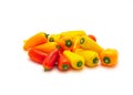 Group of colorful red, yellow and orange mini sweet peppers snack isolate on white Royalty Free Stock Photo