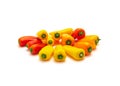 Group of colorful red, yellow and orange mini sweet peppers snack isolate on white Royalty Free Stock Photo