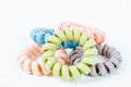 Group of colorful spiral rubber bands. Elastic hair ties in vibrant colors Royalty Free Stock Photo