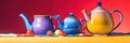 A group of colorful teapots sitting next to each other. AI generative image.