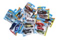 The group of colorful toy car collection on white background. Hot Wheels. Top view. Field with Clipping Path