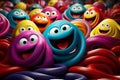 a group of colorful worms with happy faces