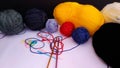 Group of colorful yarn balls with crocheting accessories .close Royalty Free Stock Photo