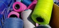 Group of colorful yarn on spool, yarn on tube, cotton, wool, linen thread