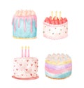 Group of colourful birthday cakes watercolour hand drawing illustration