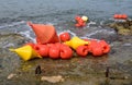 Groupf og tied buoys on the waters edge Royalty Free Stock Photo