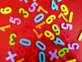 A group of colourful plastic numbers for numeration learning. Education and fun learning concept
