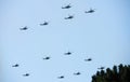 Group combat helicopters in flight during a military demonstration