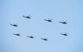 Group combat helicopters in flight during a military demonstration